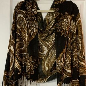 Black/ brown  Paisley Fringe Shawl Wrap